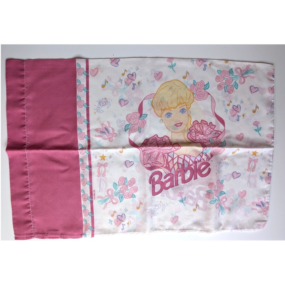 Vintage 1995 Barbie Pillowcase Pink Floral Hearts 90s Kids Bedding Mattel Inc